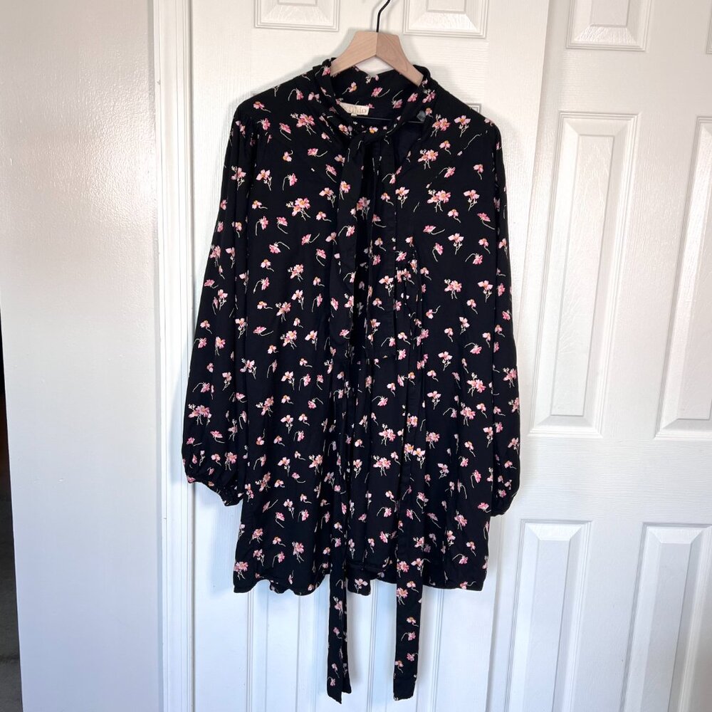 Black Floral Boho Midi Dress Tie Waist Balloon Sleeve Size L Witchy, Boho, Flowy